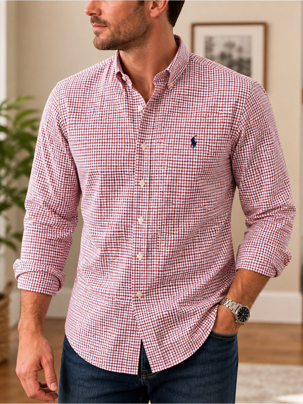Polo Ralph Lauren Button Down Shirt Men’s Size 2XL‎ Slim Fit Plaid Flesh Pony
